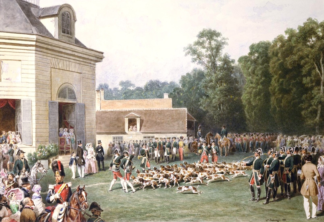 histoire-aquarelle-chasse-chien-queen-pavillon-muette Visite de la Reine Victoria d'Angleterre au Pavillon de la Muette, scène de chasse à courre
